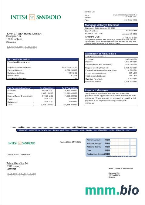 Słowenia Intesa Sanpaolo Bank wyciąg z kredytu hipotecznego w formatach Word i PDF